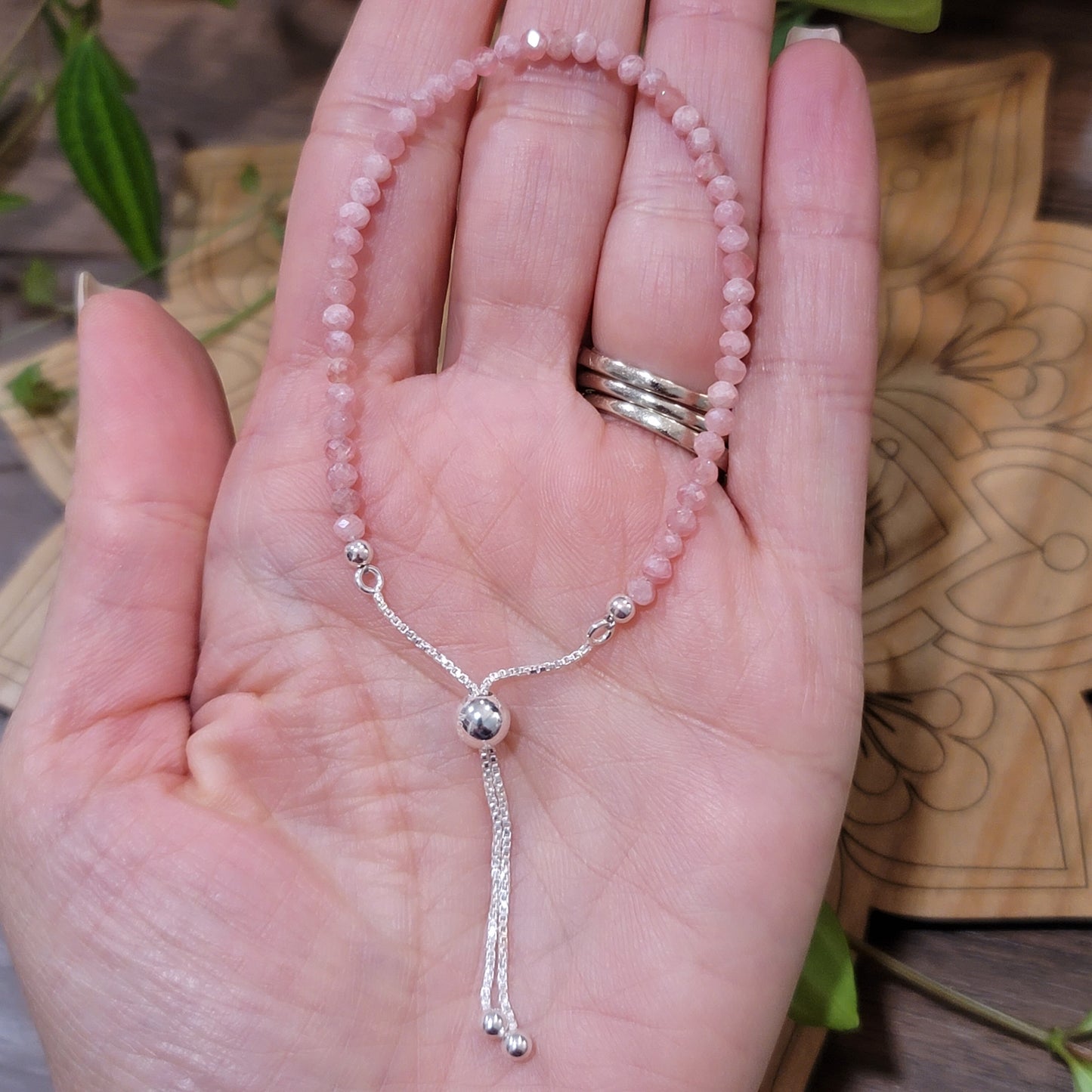 Rhodochrosite Adjustable Bracelet - Faceted 4mm Beads - Sterling Silver - Love, Transformation, Joy