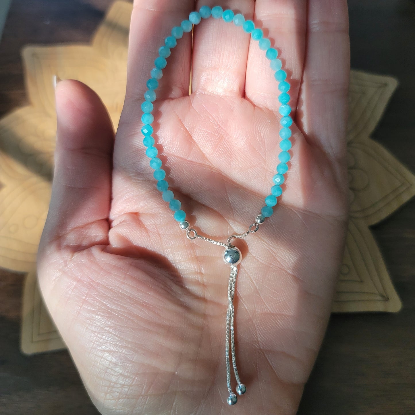 Amazonite Adjustable Bracelet - Faceted 4mm Beads - Sterling Silver - Calming, Communication, Balancing
