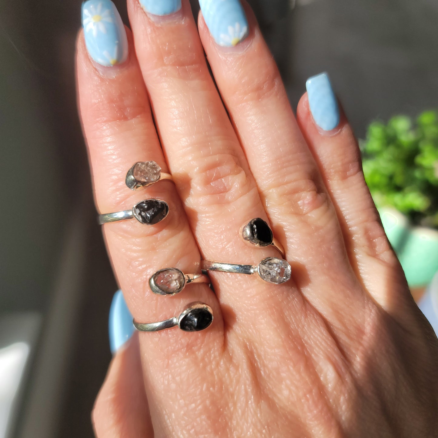 Herkimer Diamond/Black Tourmaline Semi-Adjustable Rings || .925 Sterling Silver