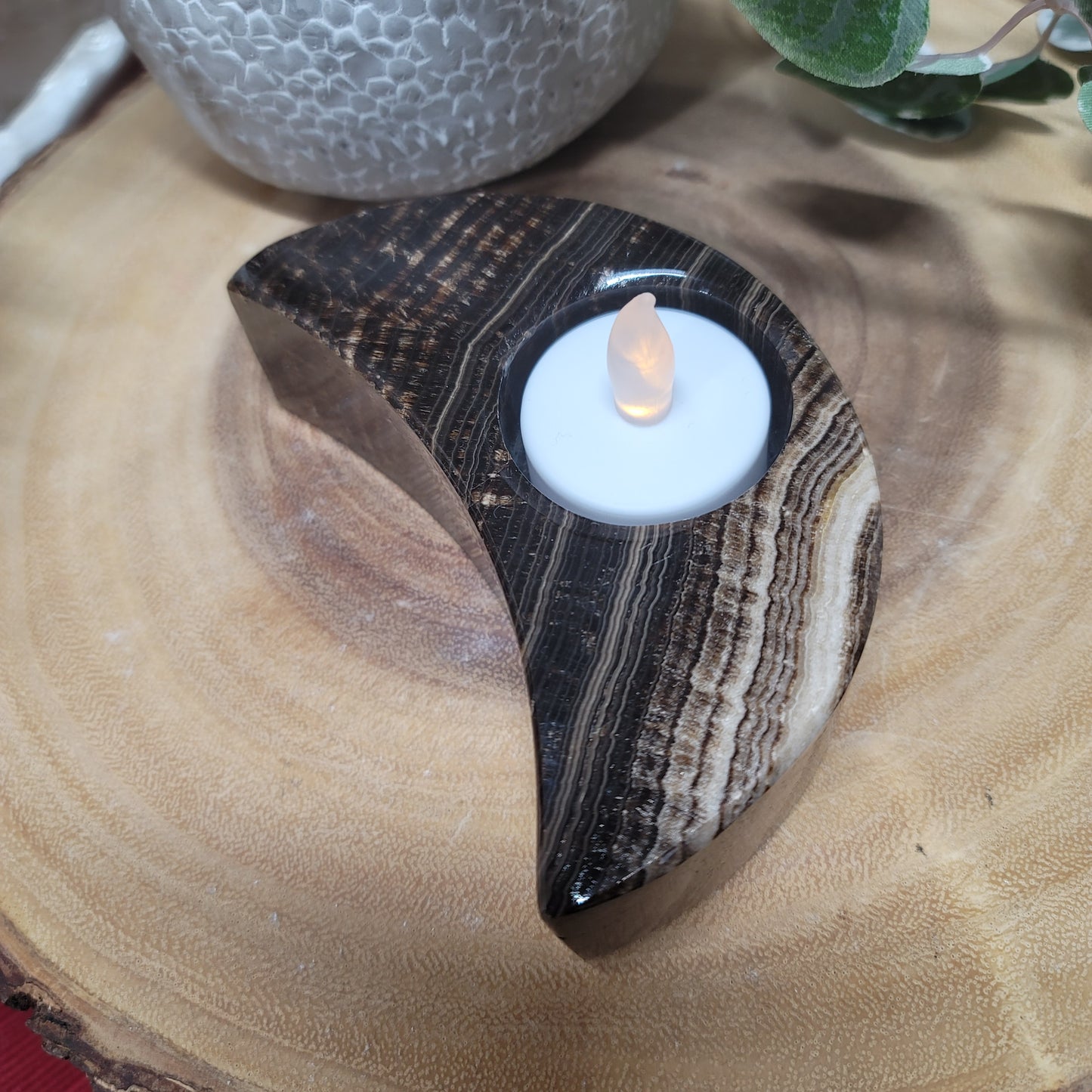 Mexican Chocolate Onyx Crescent Moon Candle Holder & Sphere Holder | 001