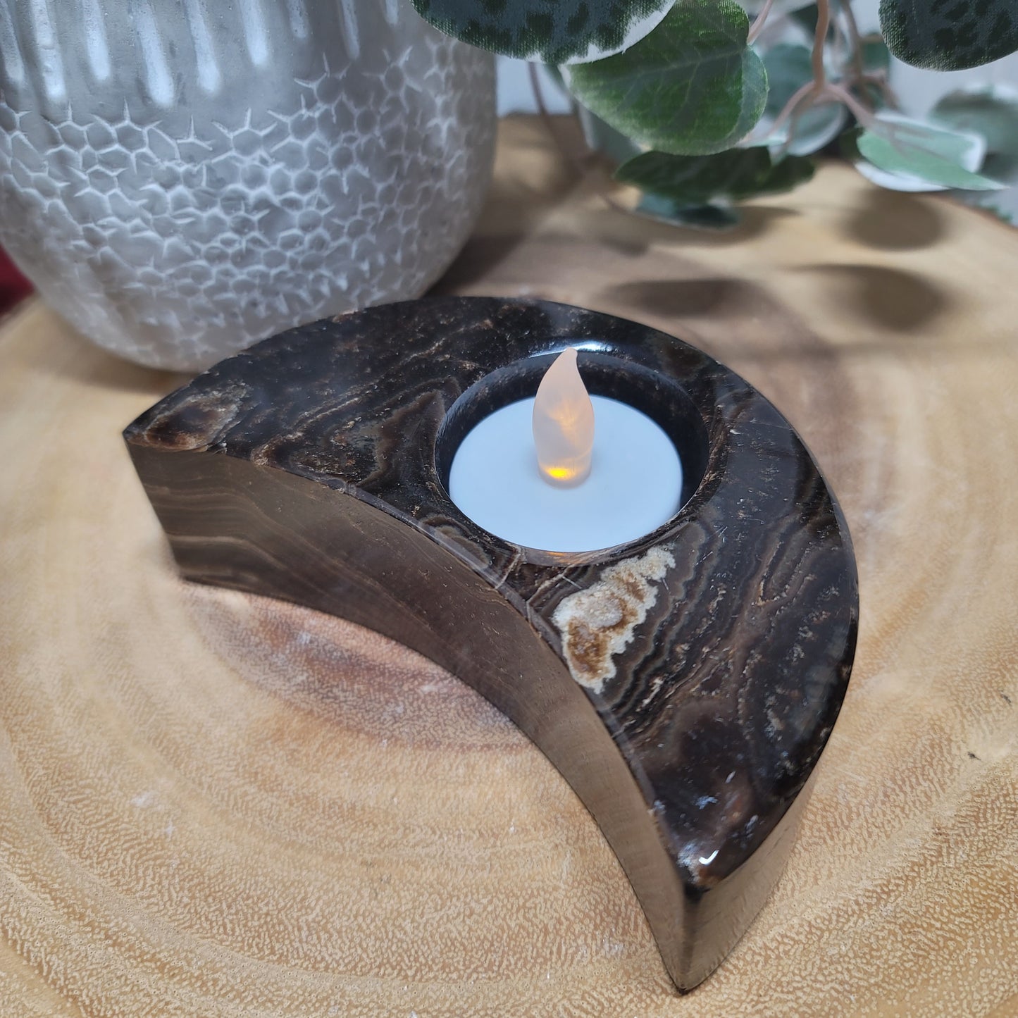 Mexican Chocolate Onyx Crescent Moon Candle Holder & Sphere Holder | 002