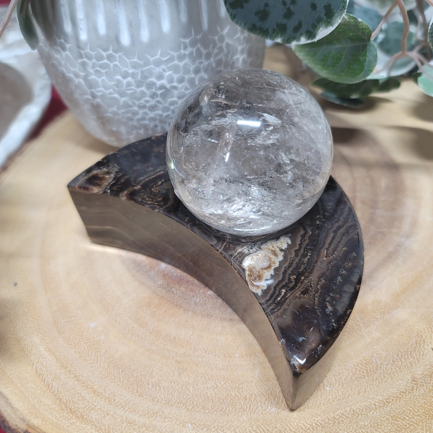 Mexican Chocolate Onyx Crescent Moon Candle Holder & Sphere Holder | 002