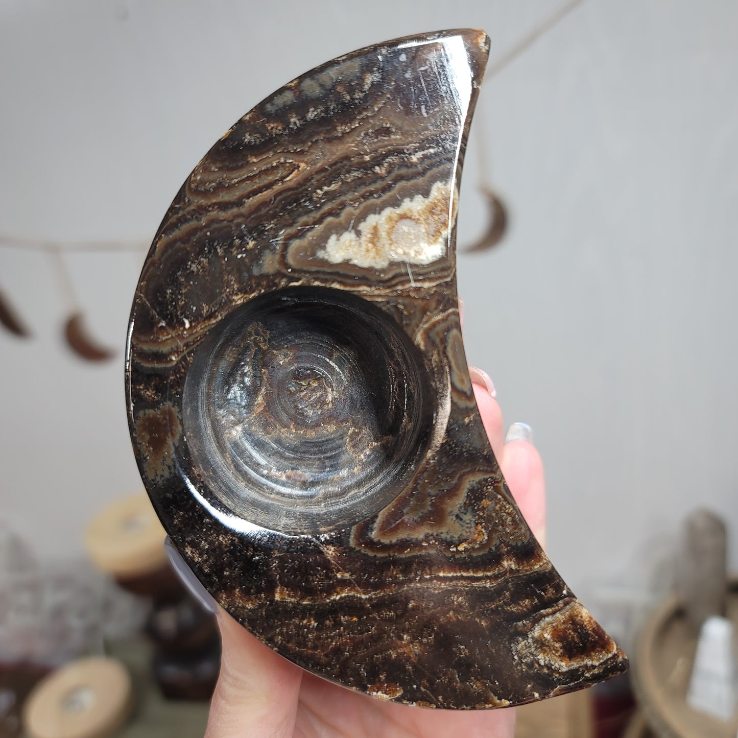 Mexican Chocolate Onyx Crescent Moon Candle Holder & Sphere Holder | 002
