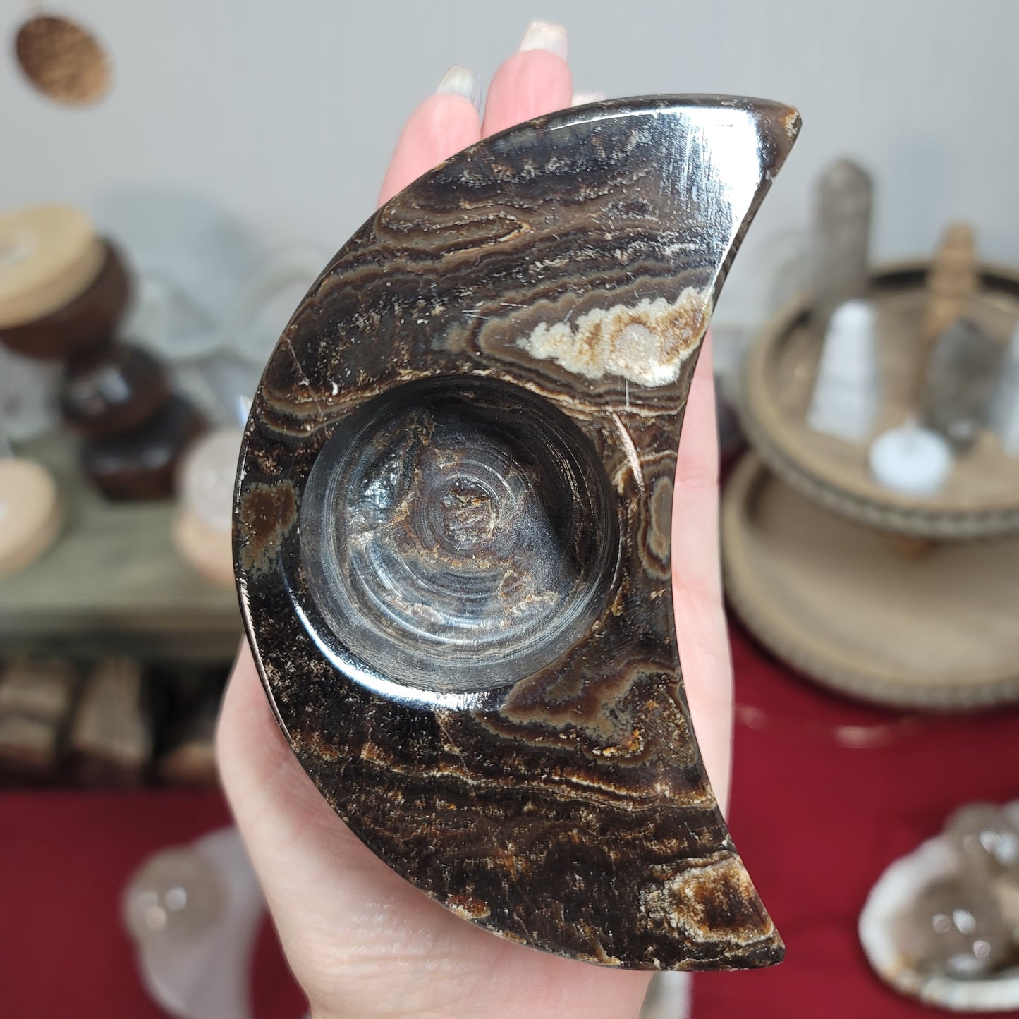 Mexican Chocolate Onyx Crescent Moon Candle Holder & Sphere Holder | 002
