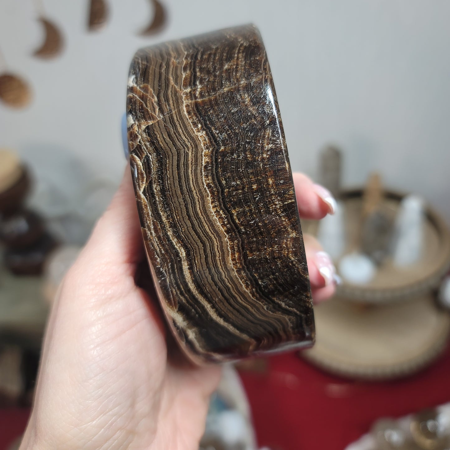 Mexican Chocolate Onyx Crescent Moon Candle Holder & Sphere Holder | 002
