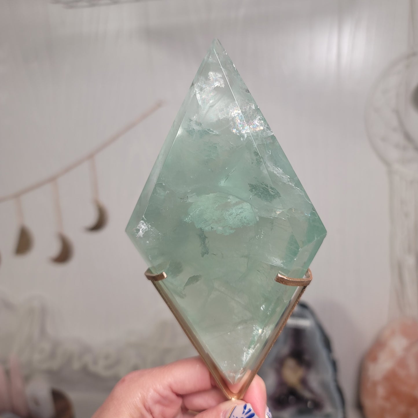 Green Fluorite Diamond on Gold Stand | Healing Stone for Clarity & Focus
