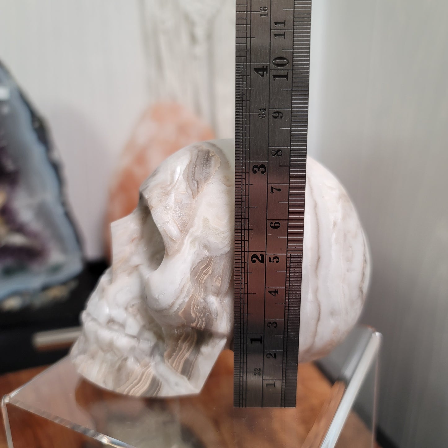 Large Mexican Banded Calcite Skull | Healing Stone for Wisdom & Grounding | Hand-Carved Crystal Skull | 01