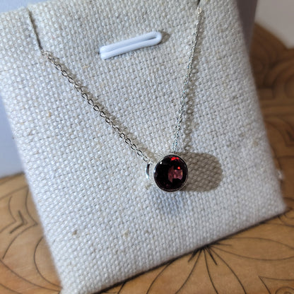 Faceted Garnet Pendant, Round | .925 Sterling Silver, 18" Chain