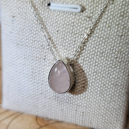 Rose Quartz Pear Shape Polished Pendant 004 | .925 Sterling Silver Chain