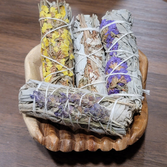 California White Sage & Sinuata Flowers 4" Smudge Wand, Cleansing Ritual/Tool