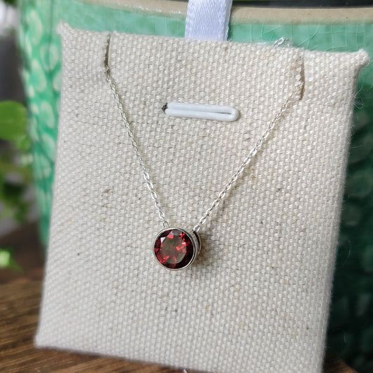 Faceted Garnet Pendant, Round 02| .925 Sterling Silver, 18" Chain