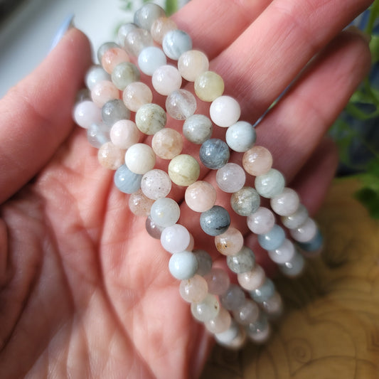 Mixed Beryl (Aquamarine/Morganite) Beaded Bracelet - 6mm Beads - Calming, Loving, and Uplifting