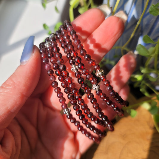 Garnet & Sterling Silver Beaded Bracelet - 3mm Beads - Strength, Passion & Vitality