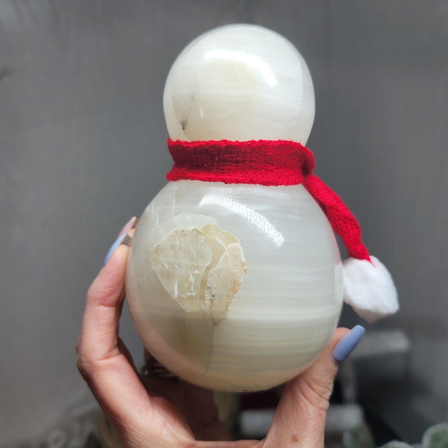 Mexican Onyx Snowman Lamp with USB LED Wooden Base & Knit Scarf |001