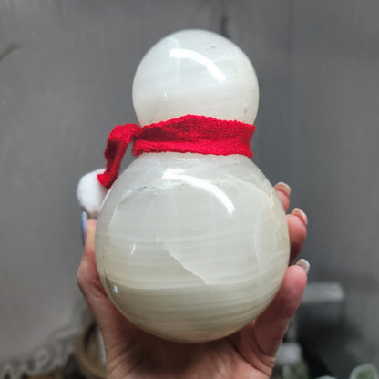 Mexican Onyx Snowman Lamp with USB LED Wooden Base & Knit Scarf |001