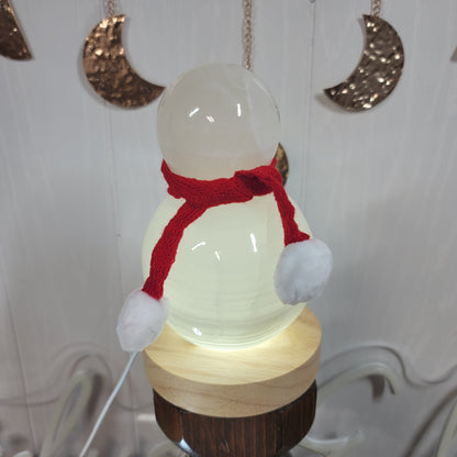 Mexican Onyx Snowman Lamp with USB LED Wooden Base & Knit Scarf |001
