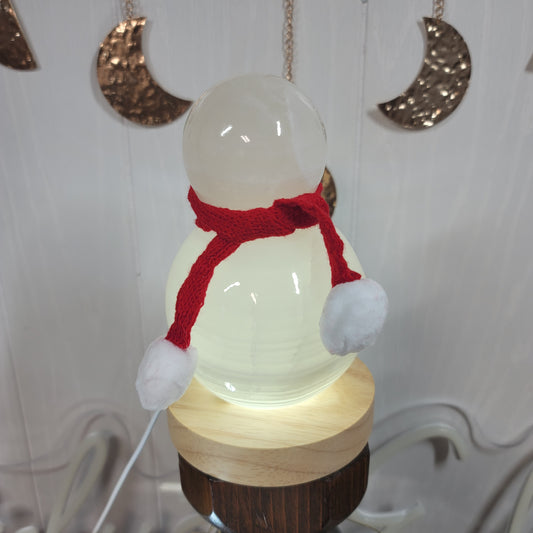 Mexican Onyx Snowman Lamp with USB LED Wooden Base & Knit Scarf |001