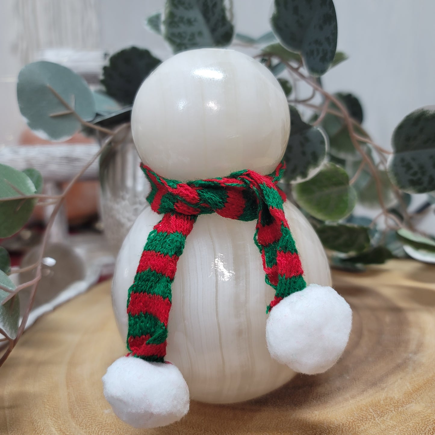 Mexican Onyx Snowman Lamp with USB LED Wooden Base & Knit Scarf |002