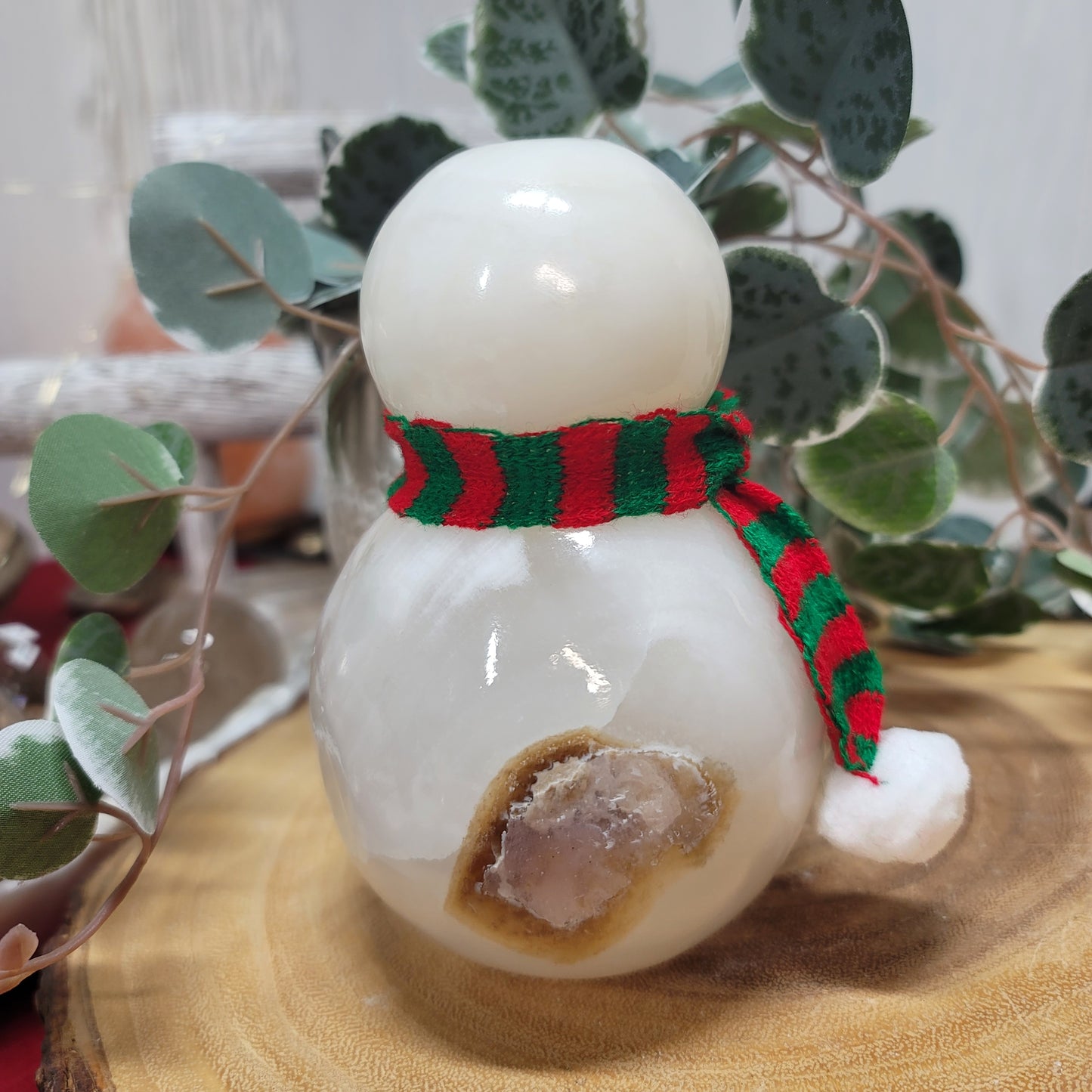 Mexican Onyx Snowman Lamp with USB LED Wooden Base & Knit Scarf |002