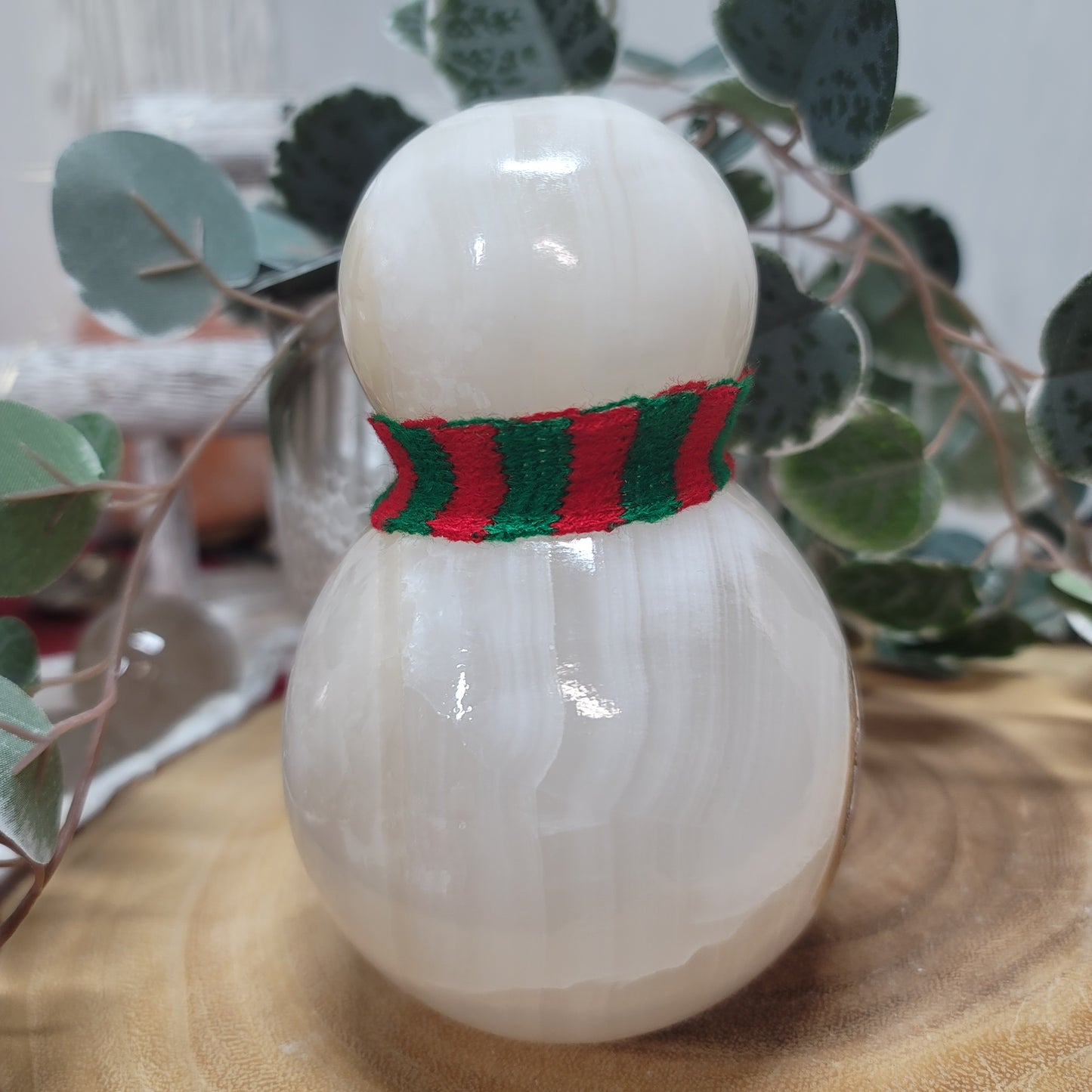 Mexican Onyx Snowman Lamp with USB LED Wooden Base & Knit Scarf |002