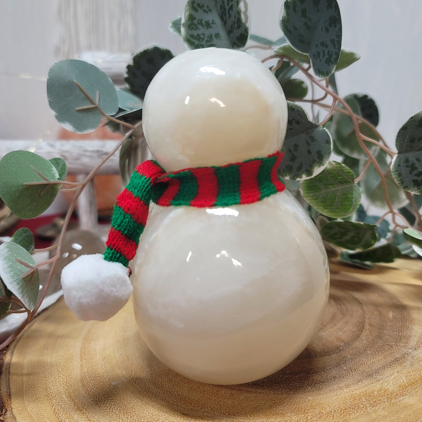 Mexican Onyx Snowman Lamp with USB LED Wooden Base & Knit Scarf |002