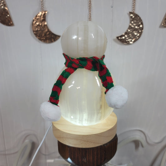 Mexican Onyx Snowman Lamp with USB LED Wooden Base & Knit Scarf |002