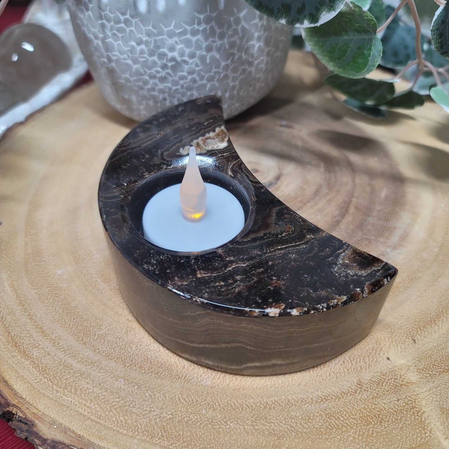 Mexican Chocolate Onyx Crescent Moon Candle Holder & Sphere Holder | 002