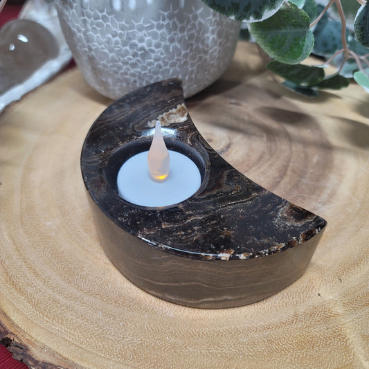 Mexican Chocolate Onyx Crescent Moon Candle Holder & Sphere Holder | 002