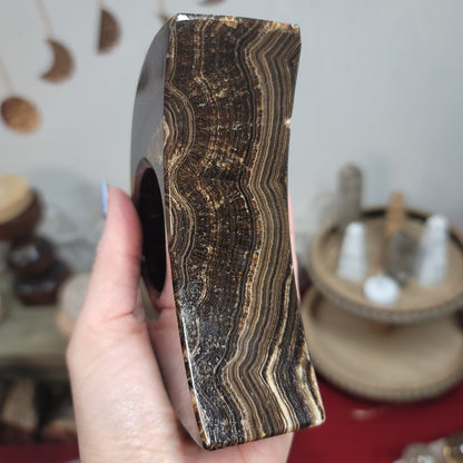 Mexican Chocolate Onyx Crescent Moon Candle Holder & Sphere Holder | 002