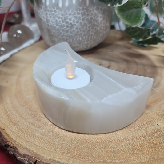 Mexican White Banded Onyx Crescent Moon Candle & Sphere Holder | 001