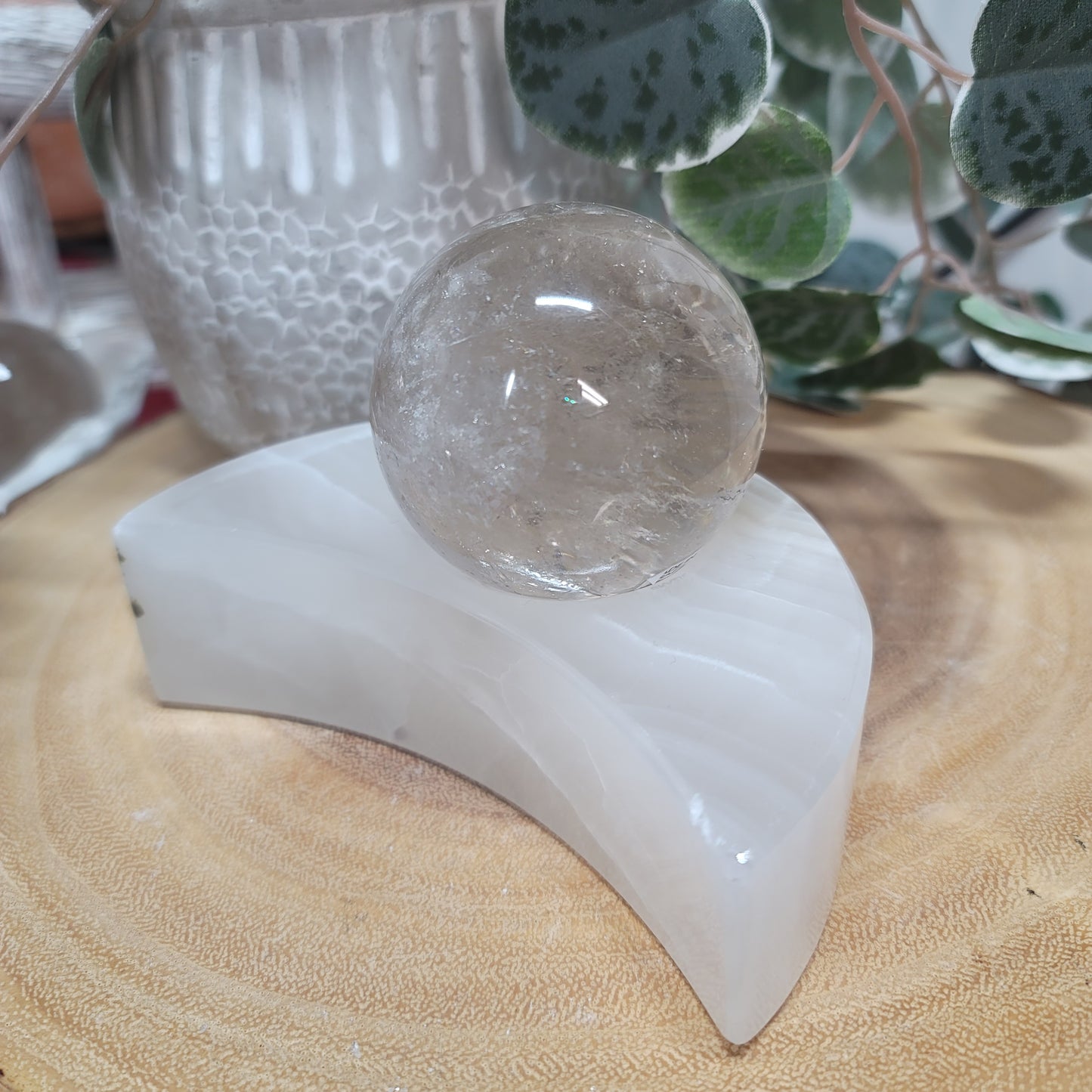 Mexican White Banded Onyx Crescent Moon Candle & Sphere Holder | 001