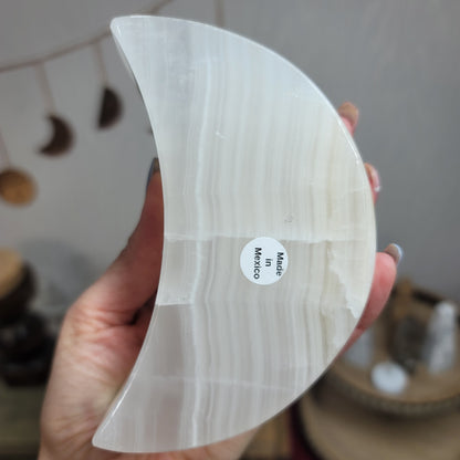 Mexican White Banded Onyx Crescent Moon Candle & Sphere Holder | 001