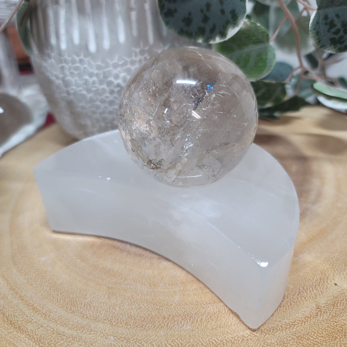 Mexican White Banded Onyx Crescent Moon Candle & Sphere Holder | 002