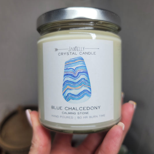 Blue Chalcedony Crystal-Infused Soy Candle (9 oz.) – Hand-Poured with Love in California
