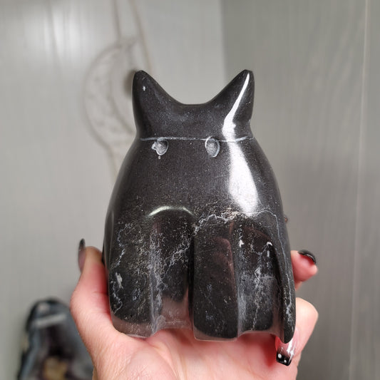Hand-Carved Black Marble Ghost Cat | Witchy Halloween Décor | Protective Stone Spirit | 01