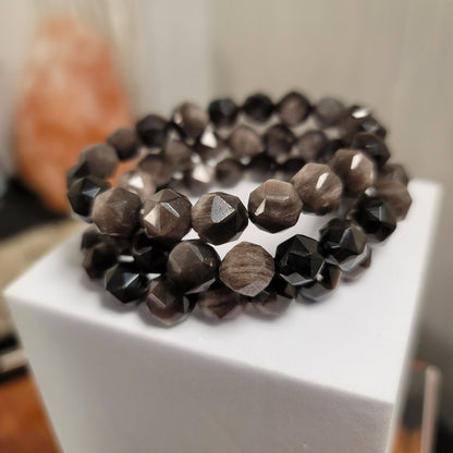 Silver Sheen Obsidian Faceted Bracelet – 10mm Beads | Protection • Insight • Empowerment