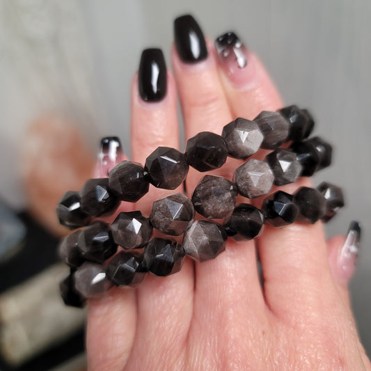 Silver Sheen Obsidian Faceted Bracelet – 10mm Beads | Protection • Insight • Empowerment