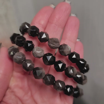 Silver Sheen Obsidian Faceted Bracelet – 10mm Beads | Protection • Insight • Empowerment