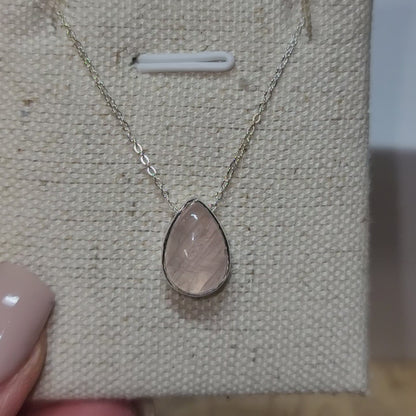 Rose Quartz Pear Shape Polished Pendant 004 | .925 Sterling Silver Chain