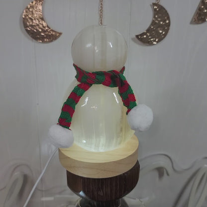 Mexican Onyx Snowman Lamp with USB LED Wooden Base & Knit Scarf |002