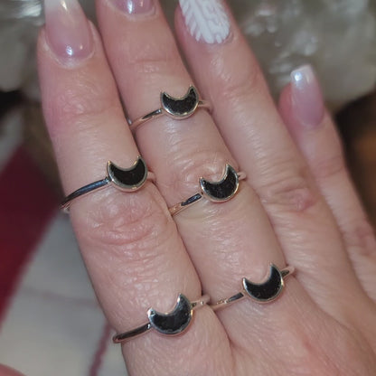 Black Tourmaline Crescent Moon Stacker Ring || .925 Sterling Silver - sizes 4-10