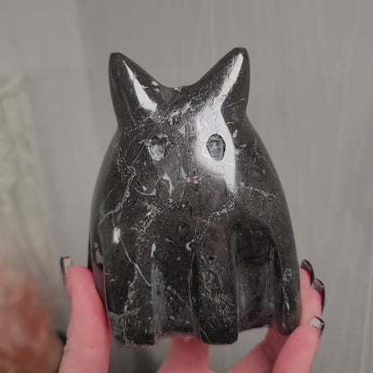 Hand-Carved Black Marble Ghost Cat | Witchy Halloween Décor | Protective Stone Spirit | 02