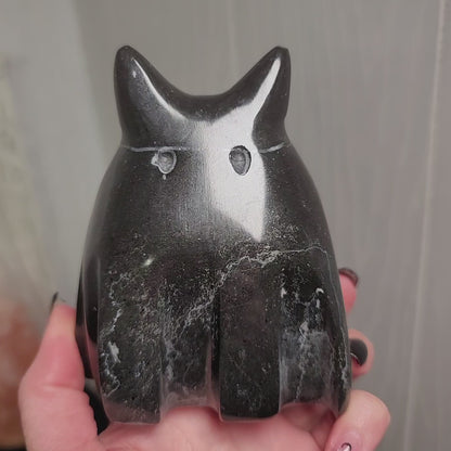 Hand-Carved Black Marble Ghost Cat | Witchy Halloween Décor | Protective Stone Spirit | 01