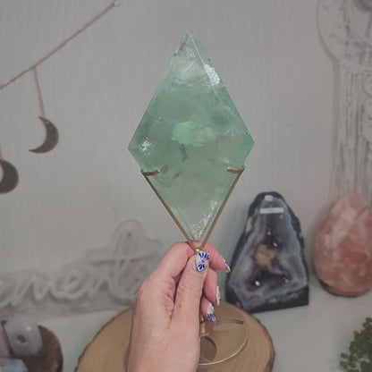 Green Fluorite Diamond on Gold Stand | Healing Stone for Clarity & Focus