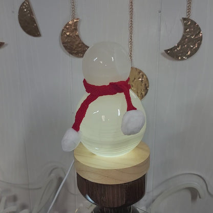 Mexican Onyx Snowman Lamp with USB LED Wooden Base & Knit Scarf |001